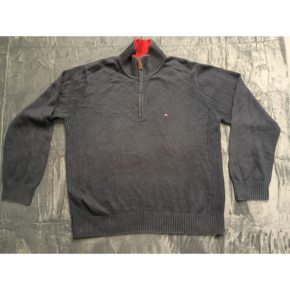 Tommy Hilfiger Men's Navy Blue Quarter Zip Sweater Size Large Cotton Blend